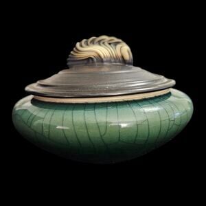 Studio Pottery Trinket Box Green Crackle Glaze Signed Cyne 1996